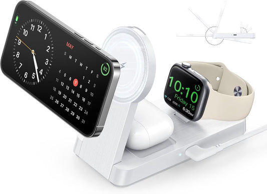 3 in 1 Charging Station - 2026 Foldable Wireless Charger Compatible for Iphone 17/16/15/14/13/12 plus Pro Max, Iwatch & Airpods, White